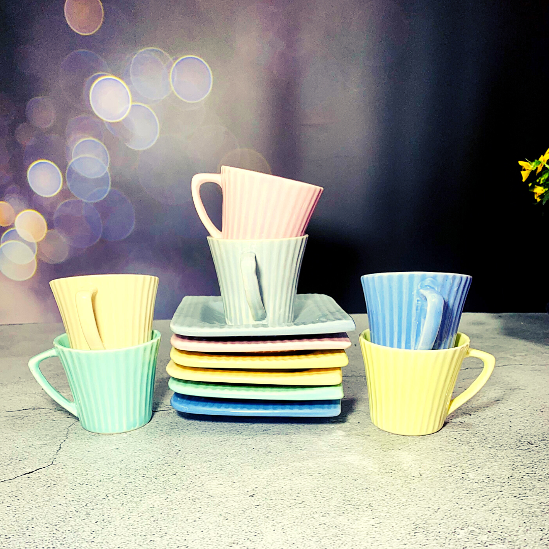 Homefrills Premium Stoneware Handmade Striped Design Ceramic Tea Cups & Coffee Mugs Along with Saucer Microwave Dishwasher Safe - Pack of 6 ( 6 Cups and 6 Saucer) Colour-Multicolour